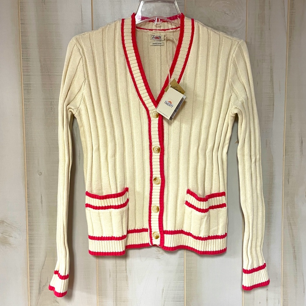 NWT Faherty Vintage Game Set Cream Pink Organic Cotton Cashmere Cardigan Sz XS - Picture 1 of 6